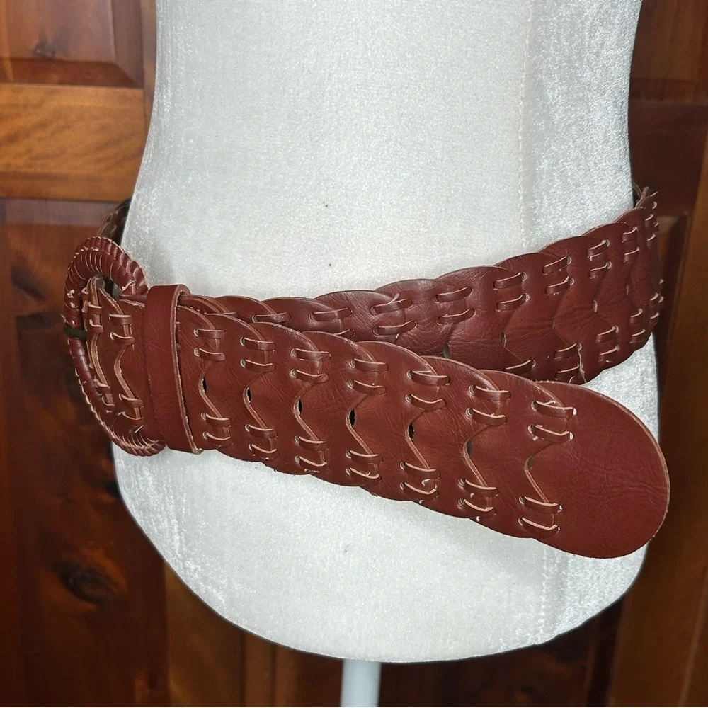 Macy's Rich Brown Woven Braided Faux Leather Belt Y2K Western Country Hippie
